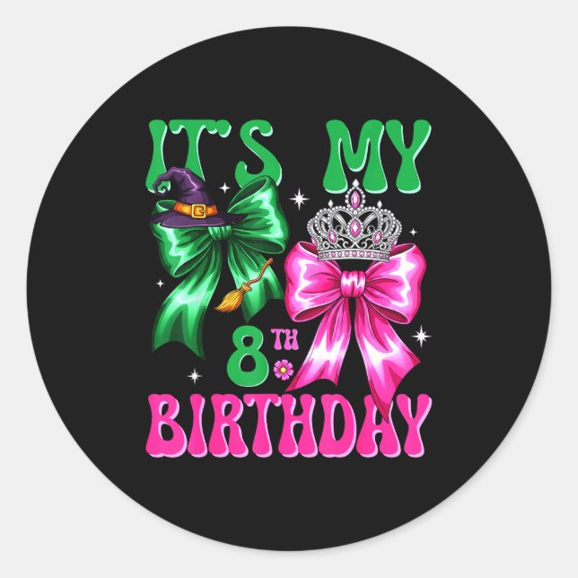 Sticker Rond It's My 8th Birthday Witch Nk And Green Bow Croche (Devant)