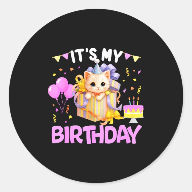 Sticker Rond It's My Birthday Cat Lover Cute Girl Bday Family P (Devant)