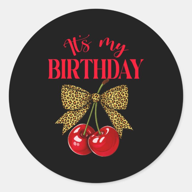 Sticker Rond It's My Birthday Cute Cherry Leopard Coquette Bow  (Devant)