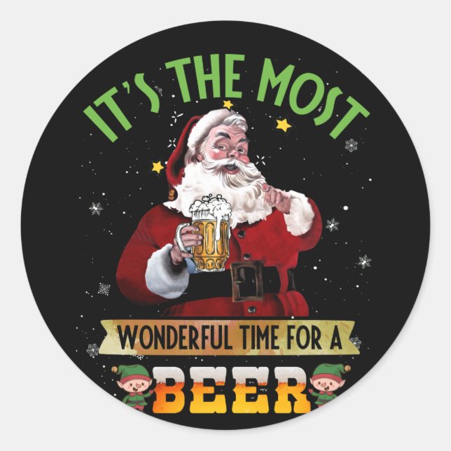 Sticker Rond Its The Most Wonderful Time For A Beer Santa (Devant)