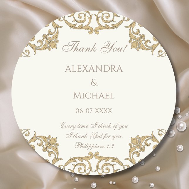 Sticker Rond Ivory Baroque Christian Wedding Thank You  (Créateur téléchargé)