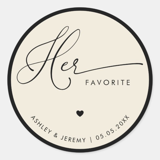 Sticker Rond Ivory & Black Her Favorite Wedding Favor   (Devant)