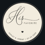 Sticker Rond Ivory & Black His Favorite Wedding Favor<br><div class="desc">Add a charming detail to your celebration with this ivory and black his favorite wedding favor sticker, perfect for labeling the groom’s treat selection at your reception. The classic typography and timeless black and ivory palette create an elegant style ideal for wedding receptions, engagement celebrations, rehearsal dinners, bridal showers, and...</div>