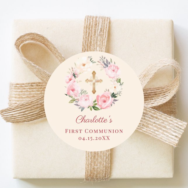 Sticker Rond Ivory blush pink floral wreath First Communion (Créateur téléchargé)