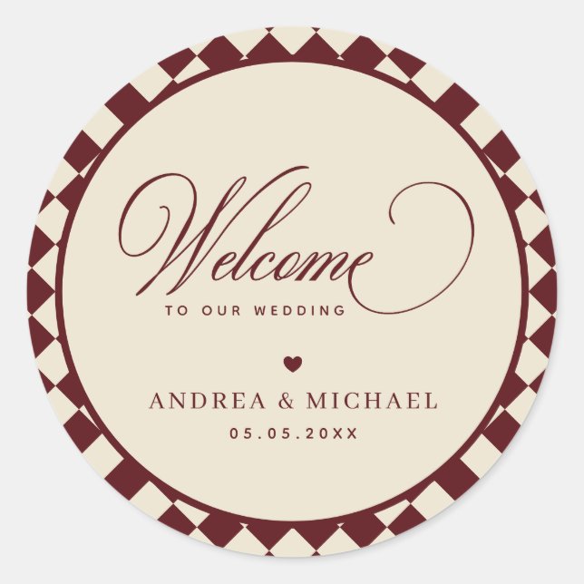 Sticker Rond Ivory & Burgundy Checkered Retro Wedding Welcome (Devant)