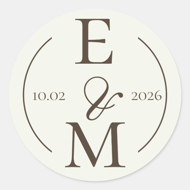 Sticker Rond Ivory Coffee Monogram Date Wedding (Devant)