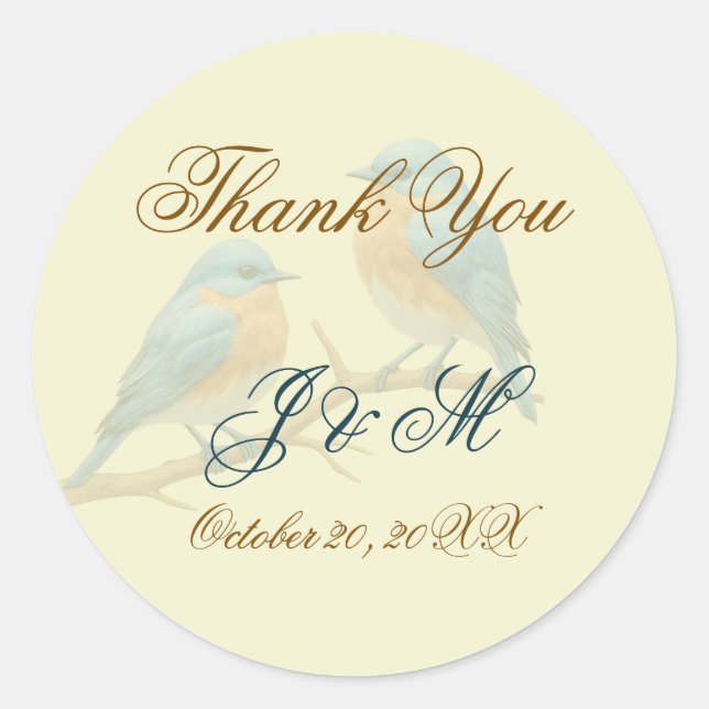 Sticker Rond Ivory Pastel Lovebirds Romantique Bluebirds Mariag (Devant)