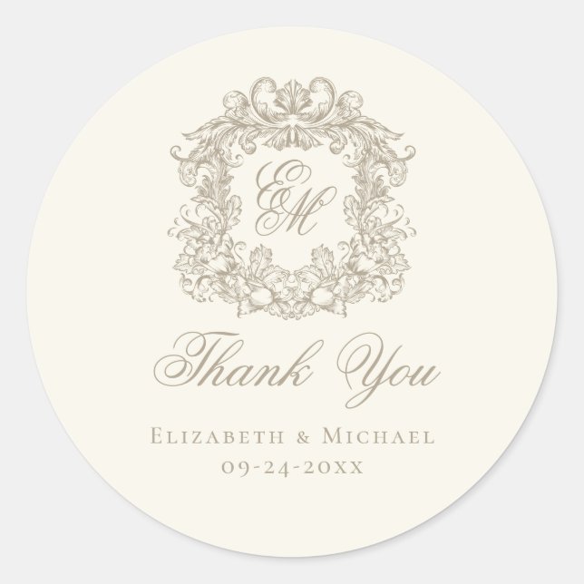 Sticker Rond Ivory Taupe Monogram Wedding Crest Thank You (Devant)