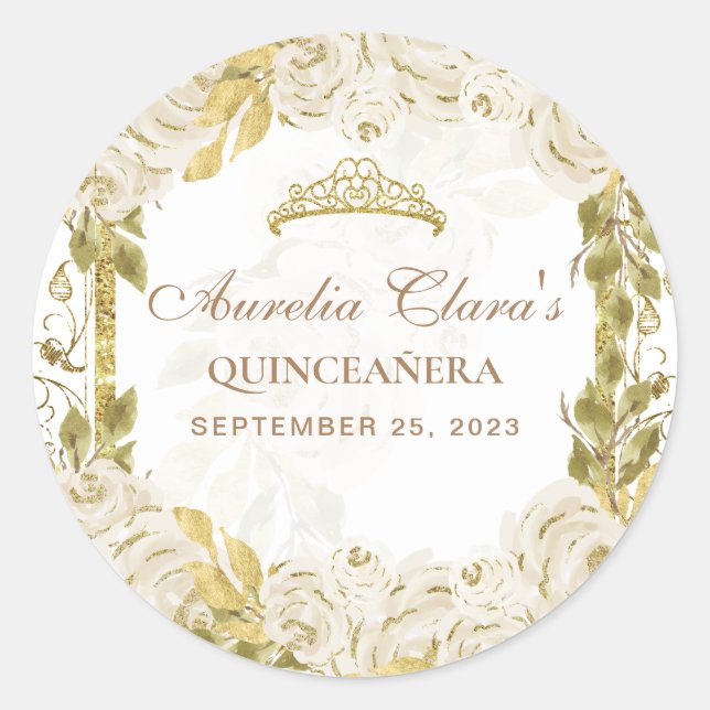 Sticker Rond Ivy Blanc Floral Princesse Or Arc Quinceanera (Devant)