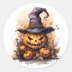 Sticker Rond Jack-O-Lantern déplaisant avec Casquette de sorciè
