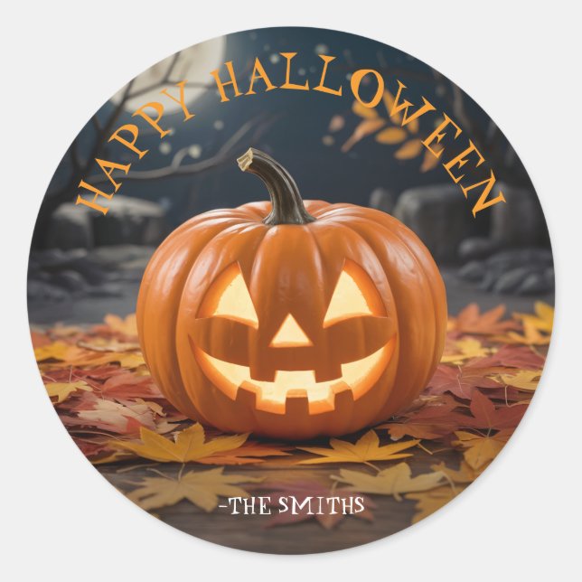 Sticker Rond Jack-o'-lantern Halloween nom personnalisé autocol (Devant)