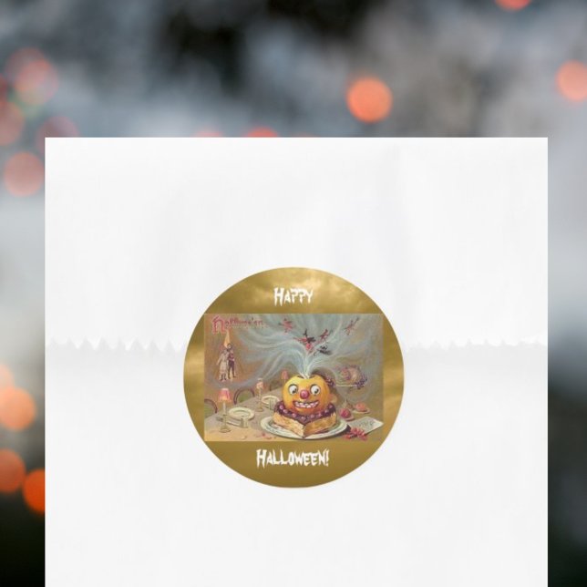 Sticker Rond Jack o'Lantern vintage avec sorcières (Vintage Jack o'Lantern with Witches Classic Round Sticker)