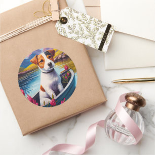 Sticker Rond Jack Russell à la pagaie : une aventure Pittoresqu