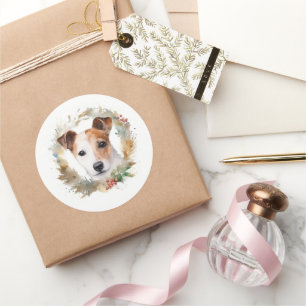 Sticker Rond Jack Russell Christmas Wreath Festive Pup