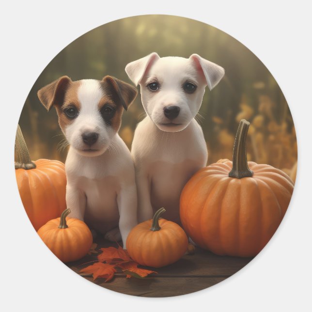 Sticker Rond Jack Russell Puppy Automne Citrouille de plaisir (Devant)
