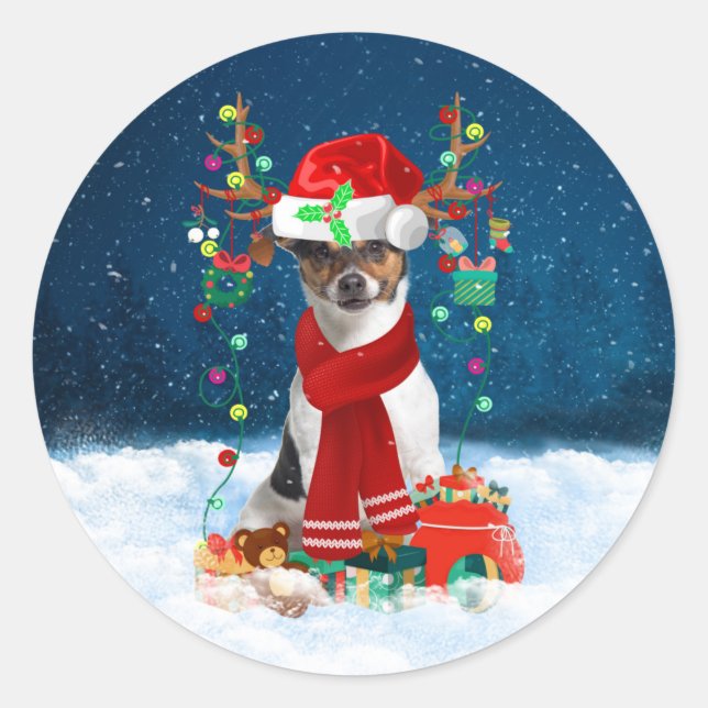 Sticker Rond Jack Russell Terrier Chien dans neige Cadeaux de N (Devant)