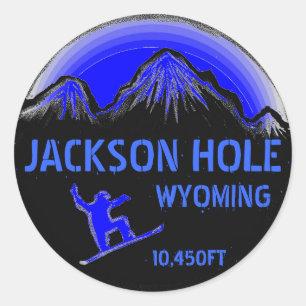 Sticker Rond Jackson Hole Wyoming bleu snowboard art autocollan