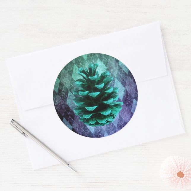 Sticker Rond Jacquard vintage classique pinecone bleu rustique  (Enveloppe)