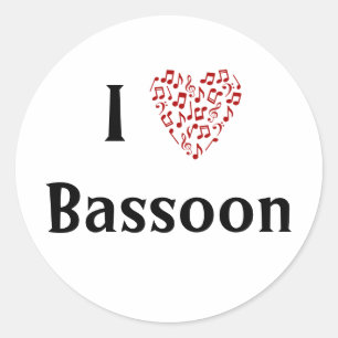 Sticker Rond J'adore Basson Cœur Rouge de Notes de Musique
