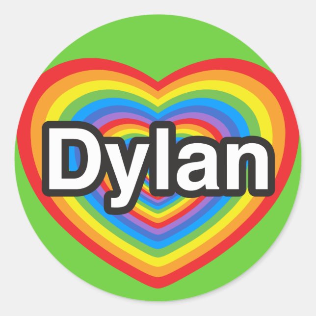 Sticker Rond J'adore Dylan. Je t'aime Dylan. Cœur (Devant)