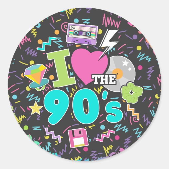 Sticker Rond J'adore l'autocollant des années 90 (Devant)