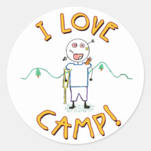Sticker Rond J'adore le camp - Dessin drôle de colonie de vacan