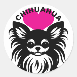 Sticker Rond J'adore les chiouas à poil long, joli chiot
