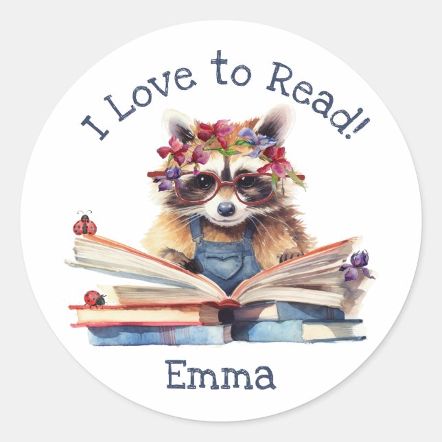 Sticker Rond J'adore lire avec de mignons bébés Raccoon (Devant)