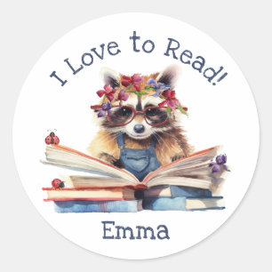 Sticker Rond J'adore lire avec de mignons bébés Raccoon