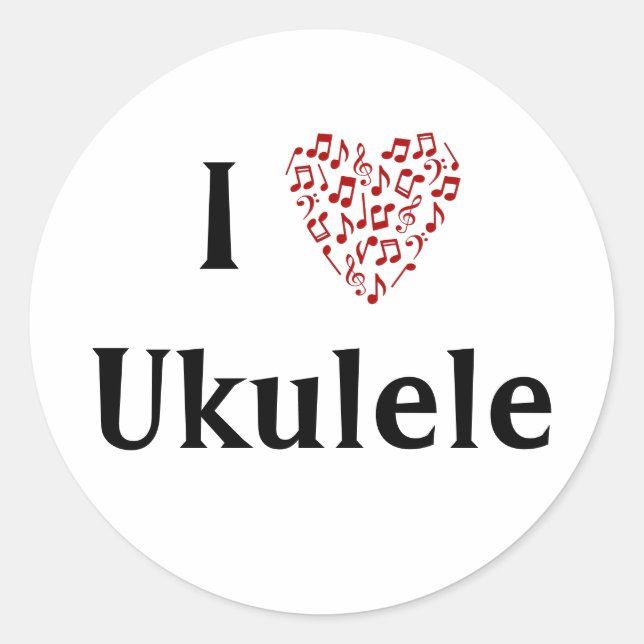 Sticker Rond J'adore Ukulele Cœur Rouge de Notes de Musique (Devant)