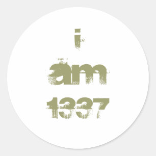 Sticker Rond J'ai 1337 ans. Gamer de Leet. Texte vert kaki.