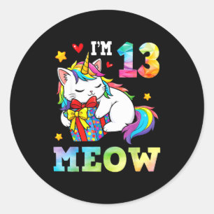 Sticker Rond J'ai 13 ans Meow Cat Licorne 13ème Anniversaire Ce