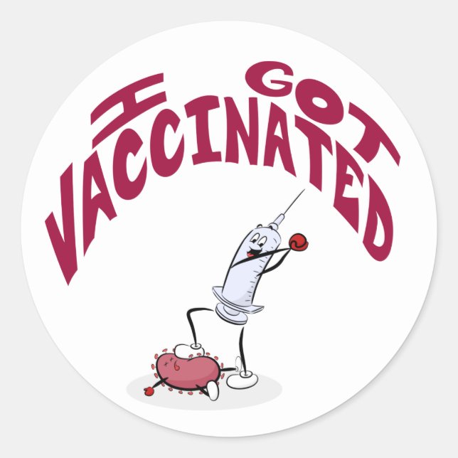 Sticker Rond "J'AI ÉTÉ VACCINÉ" Syringue de dessin et virus (Devant)