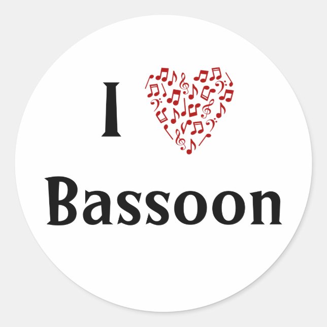 Sticker Rond J'aime Basson Cœur Rouge de Notes de Musique (Devant)