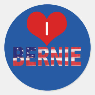 Sticker Rond J'aime BERNIE! Sur Fond Bleu Avec Drapeau