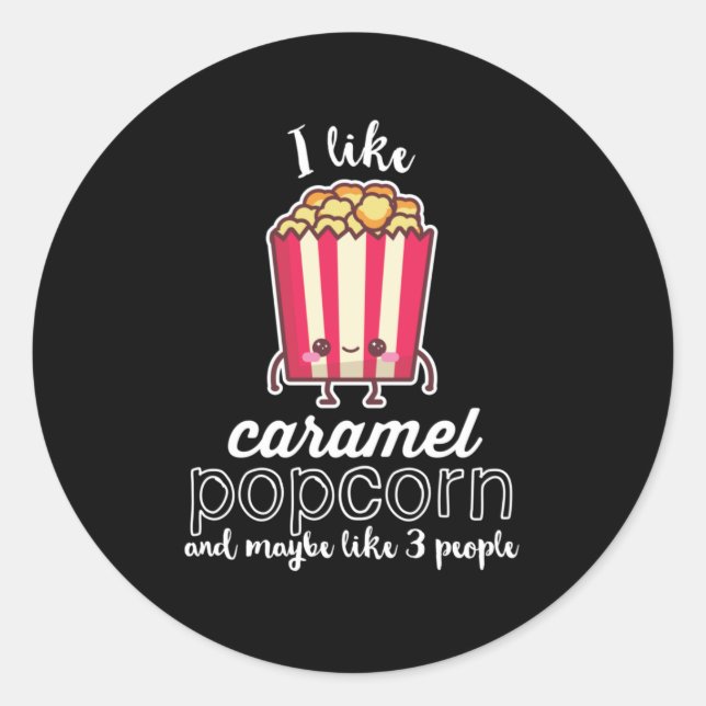 Sticker Rond J'aime Caramel Popcorn et peut-être 3 personnes (Devant)