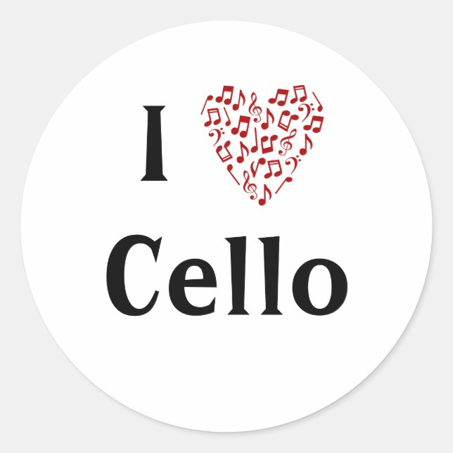 Sticker Rond J'aime Cello Rouge Cœur de Notes de Musique (Devant)