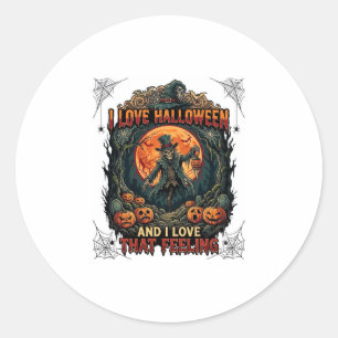 Sticker Rond J'aime Halloween Squelette Épouvantail Pleine Lune