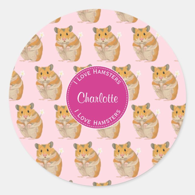 Sticker Rond J'aime Hamsters Motif Hamster Rose (Devant)