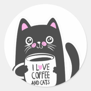 Sticker Rond J'aime le café et les chats - Choisir la couleur a