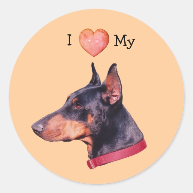 Sticker Rond J'Aime Le Coeur Mon Doberman Chien (Devant)