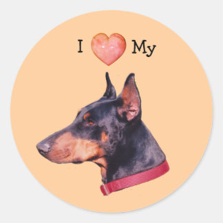 Sticker Rond J'Aime Le Coeur Mon Doberman Chien