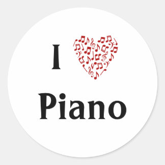 Sticker Rond J'aime le piano cœur rouge de notes de musique