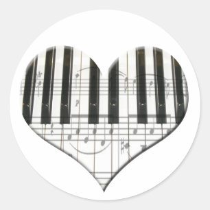 Sticker Rond J'aime le piano ou le clavier de coeur de musique