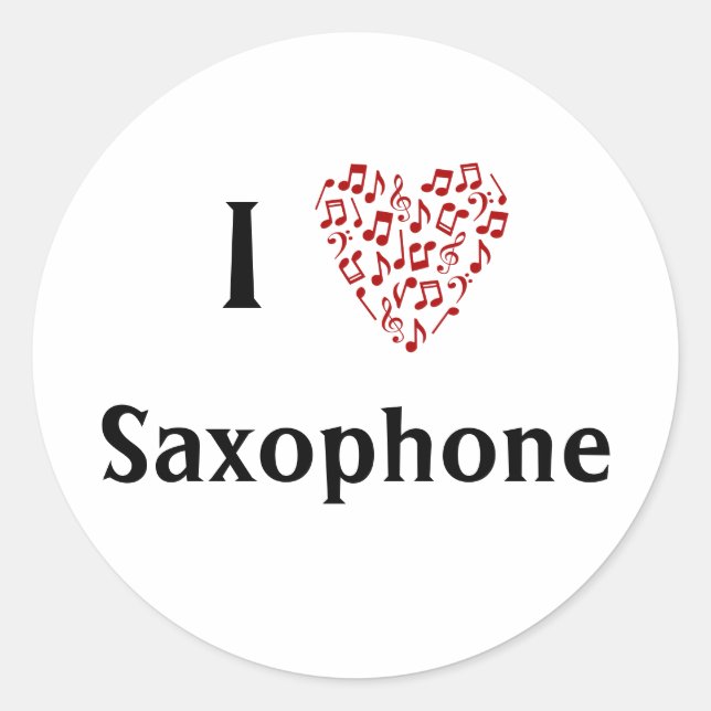 Sticker Rond J'aime le Saxophone Cœur Rouge Notes de Musique (Devant)