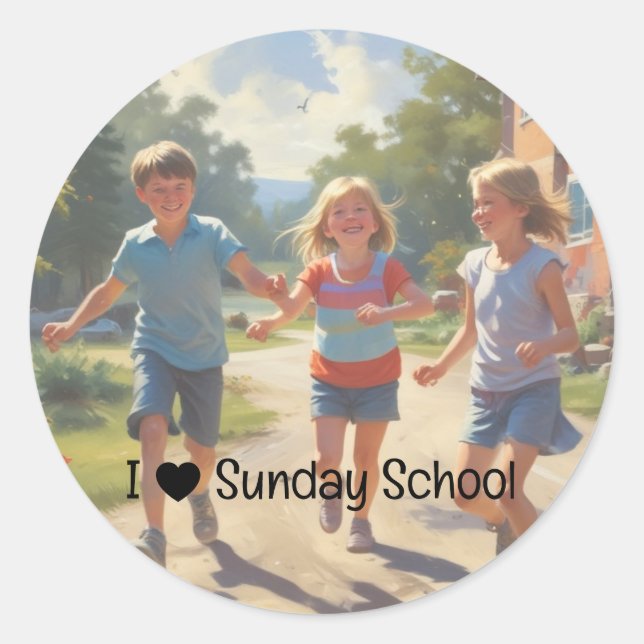 Sticker Rond J'aime l'école du dimanche Enfants jouent (Devant)