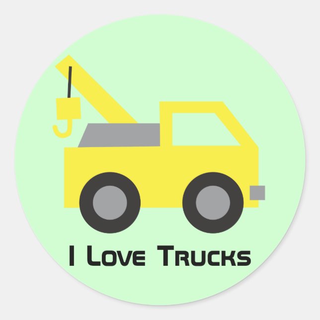 Sticker Rond J'aime les camions, véhicule jaune mignon pour des (Devant)