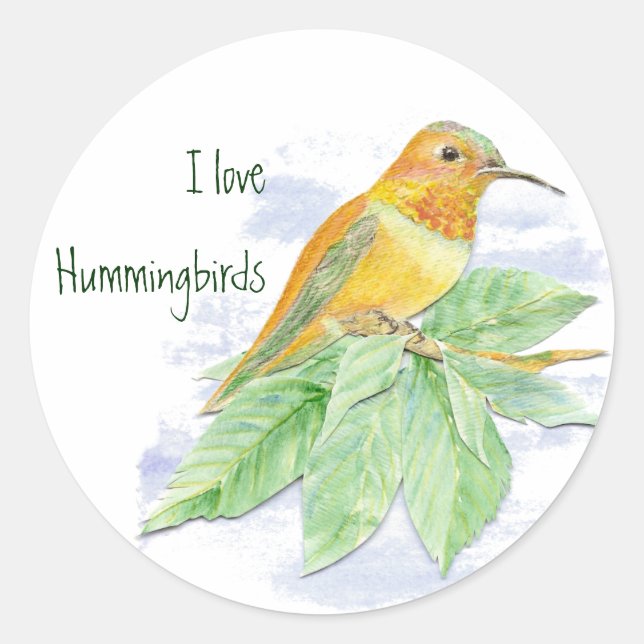 Sticker Rond J'aime les colibris, l'aquarelle originale (Devant)