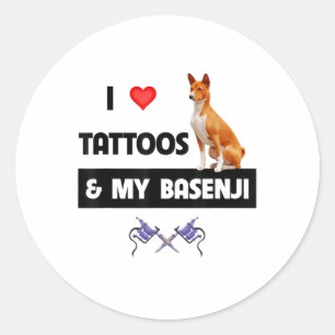 Sticker Rond J'Aime Les Tatouages Et Mon Chien Basenji Tatouer 