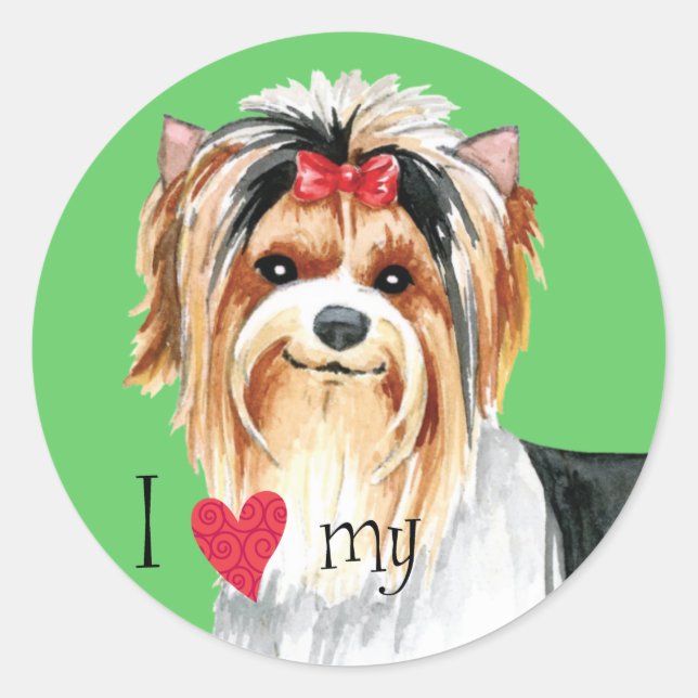 Sticker Rond J'aime ma Biewer Terrier (Devant)